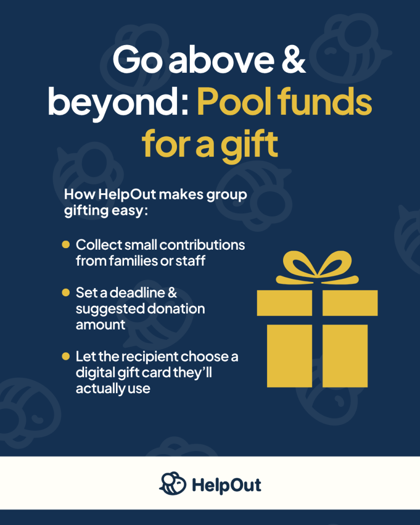 Slide showing how to use HelpOut to fund teacher and staff appreciation gifts