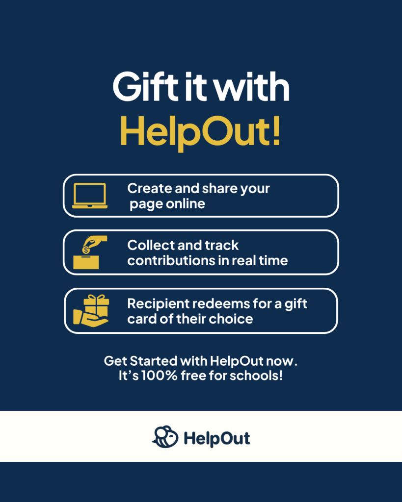 Infographic showing how HelpOut.us helps source group gifts for teachers and school staff