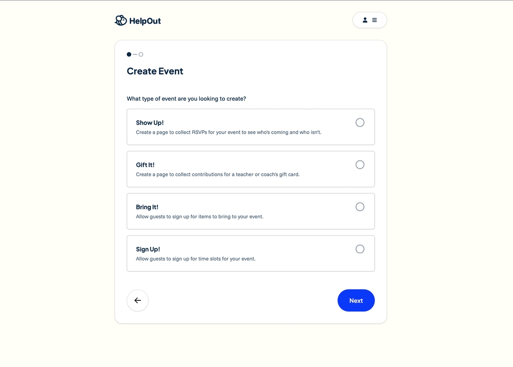 HelpOut Create Event screen
